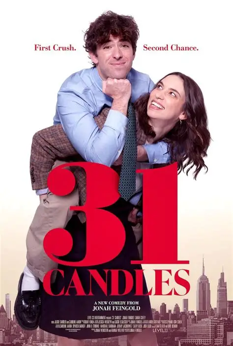 Poster for the feature film 31 Candles that features a 30-something couple piggybacking with the New York City skyline in the background